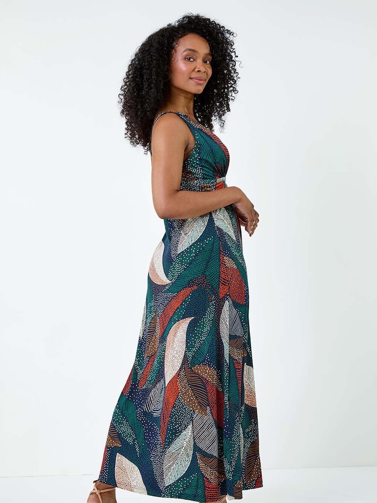 Roman Orange Leaf Print Stretch Maxi Dress - Image 3 of 5