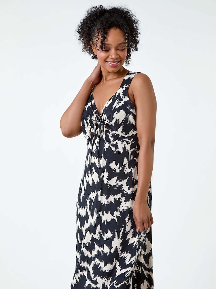 Roman Black Abstract Print Ruched Midi Dress - Image 1 of 5