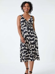 Roman Black Abstract Print Ruched Midi Dress - Image 2 of 5
