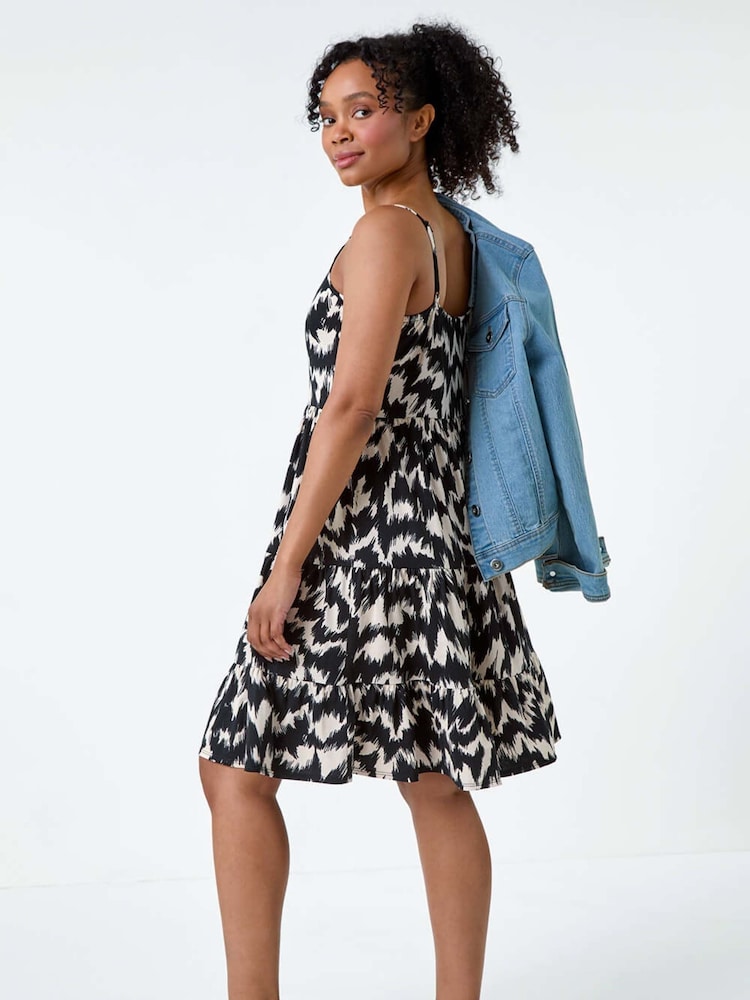 Roman Black Abstract Print Tiered Stretch Dress - Image 2 of 4