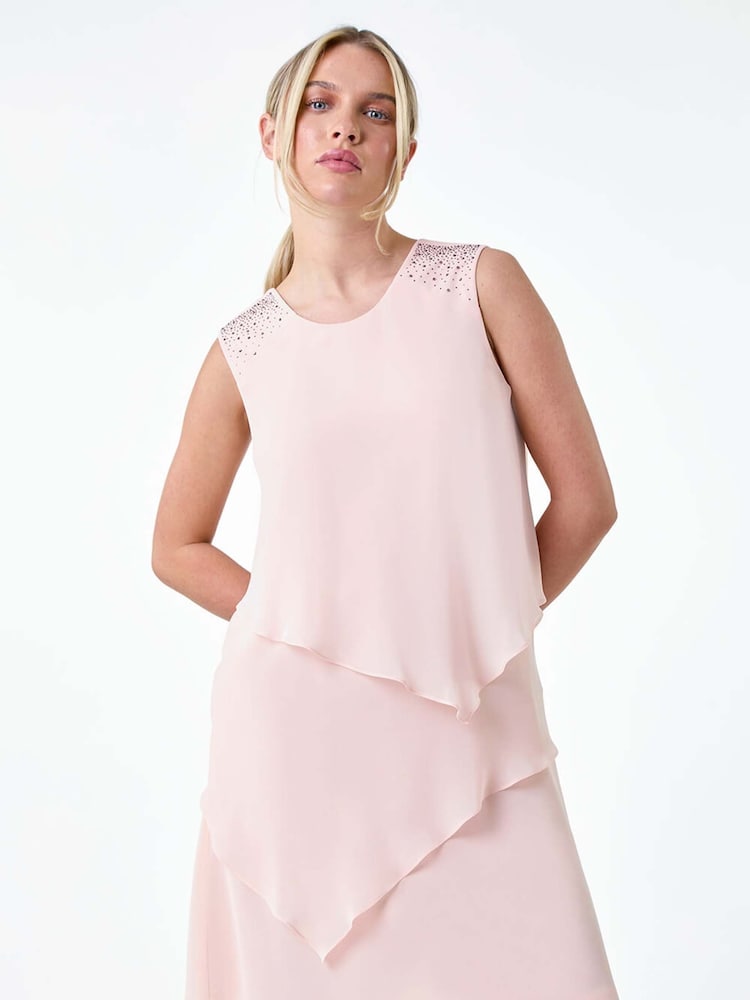 Roman Pink Embellished Tiered Shift Dress - Image 1 of 6