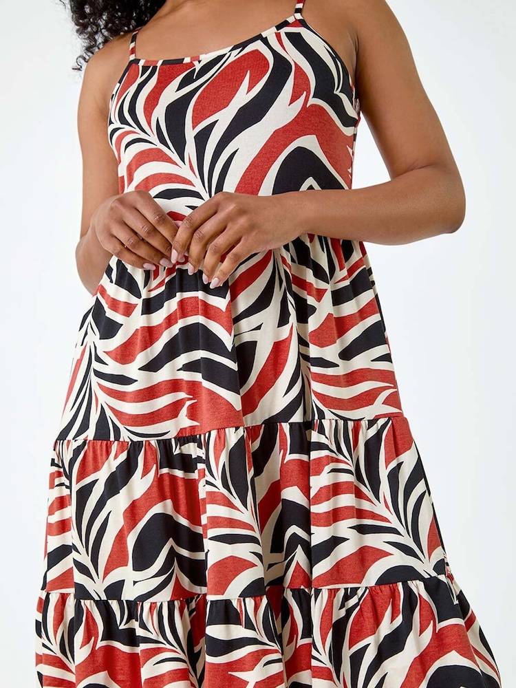 Roman Pink Leaf Print Tiered Stretch Dress - Image 5 of 5