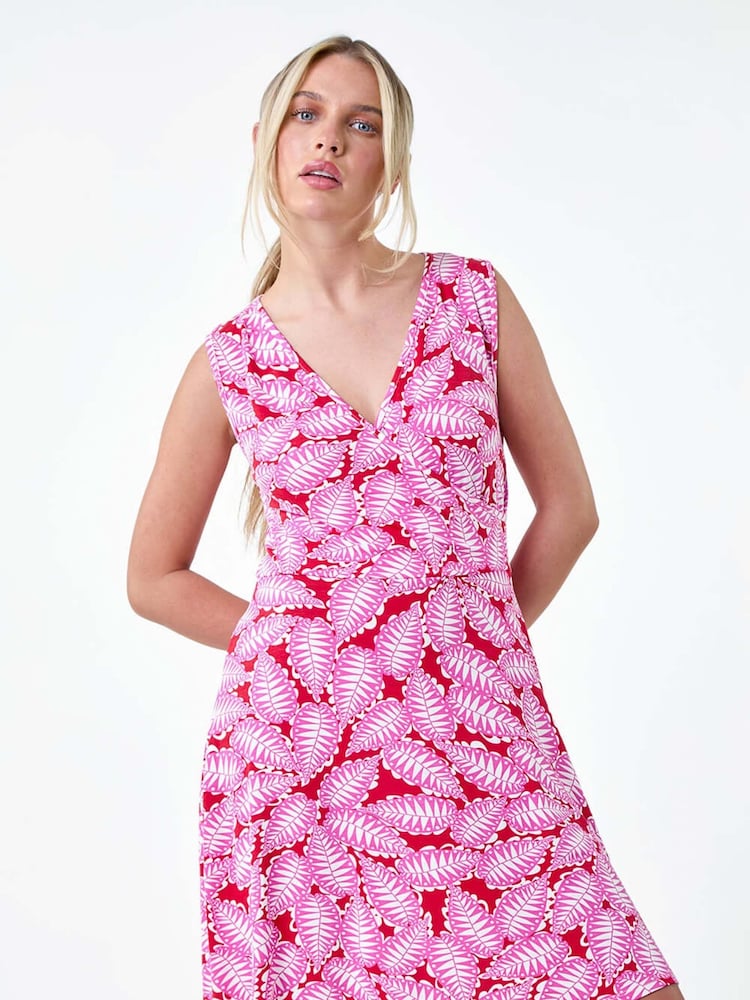 Roman Pink Leaf Print Stretch Wrap Dress - Image 1 of 5