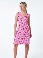 Roman Pink Leaf Print Stretch Wrap Dress - Image 2 of 5