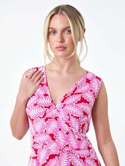 Roman Pink Leaf Print Stretch Wrap Dress - Image 4 of 5