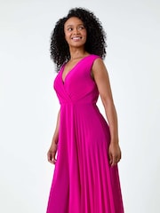 Roman Pink Pleat Detail Stretch Wrap Dress - Image 1 of 5