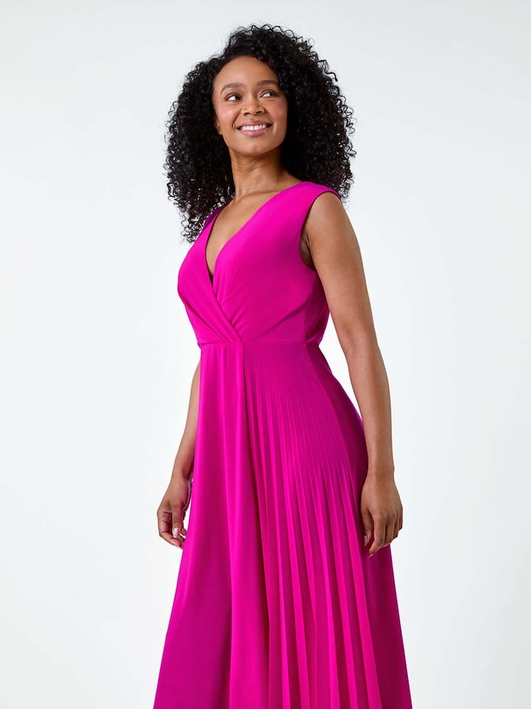 Roman Pink Pleat Detail Stretch Wrap Dress - Image 1 of 5