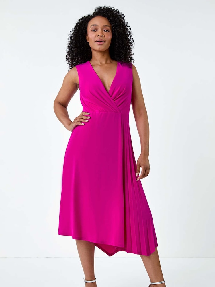 Roman Pink Pleat Detail Stretch Wrap Dress - Image 2 of 5