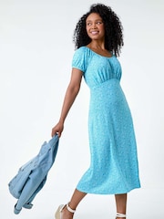 Roman Blue Ditsy Print Midi Stretch Dress - Image 1 of 5