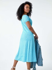 Roman Blue Ditsy Print Midi Stretch Dress - Image 3 of 5