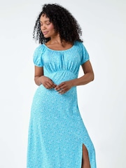 Roman Blue Ditsy Print Midi Stretch Dress - Image 4 of 5