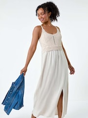 Roman Natural Crochet Bodice Cotton/Linen Mix Maxi Dress - Image 2 of 5