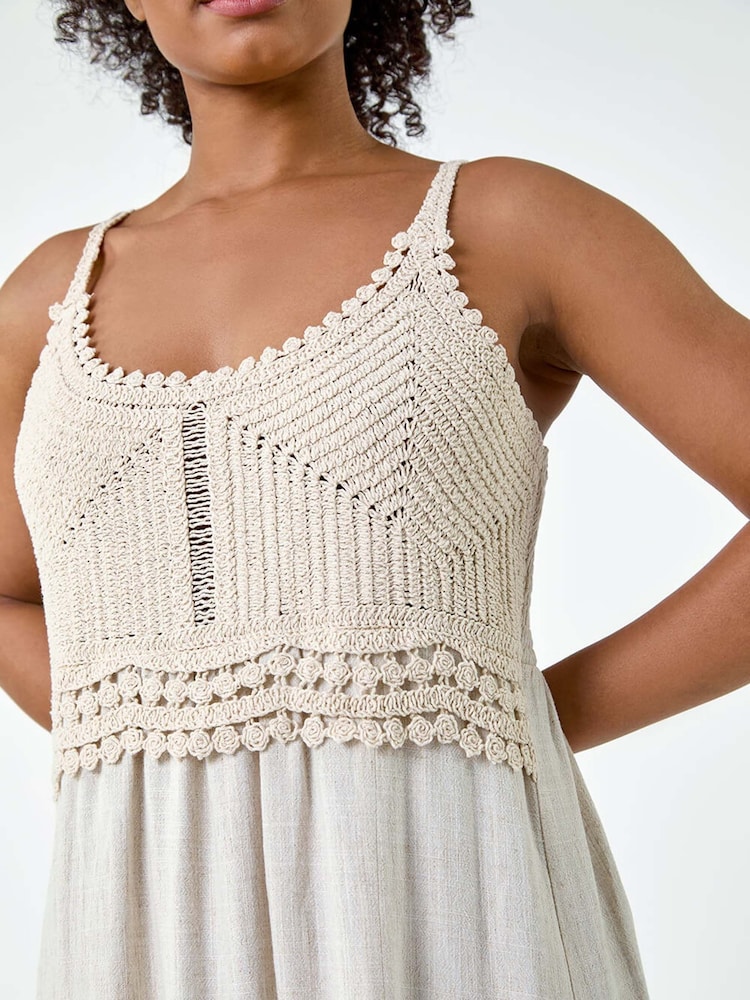 Roman Natural Crochet Bodice Cotton/Linen Mix Maxi Dress - Image 5 of 5