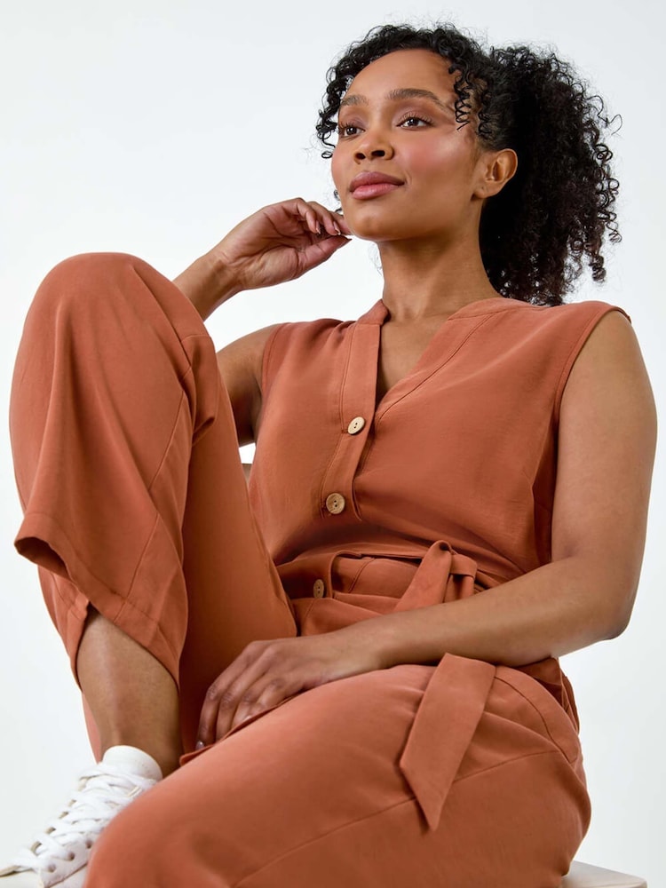 Roman Brown Button Detail Pocket Jumpsuit - Image 1 of 5 Roman Brown Button Detail Pocket Jumpsuit - Image 1 of 5