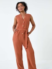 Roman Brown Button Detail Pocket Jumpsuit - Image 2 of 5
