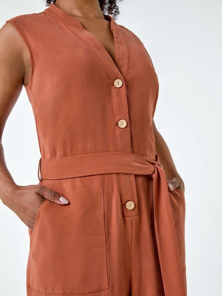 Roman Brown Button Detail Pocket Jumpsuit - Image 5 of 5 Roman Brown Button Detail Pocket Jumpsuit - Image 5 of 5
