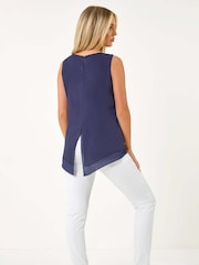 Roman Blue Floral Overlay Sleeveless Top - Image 3 of 5