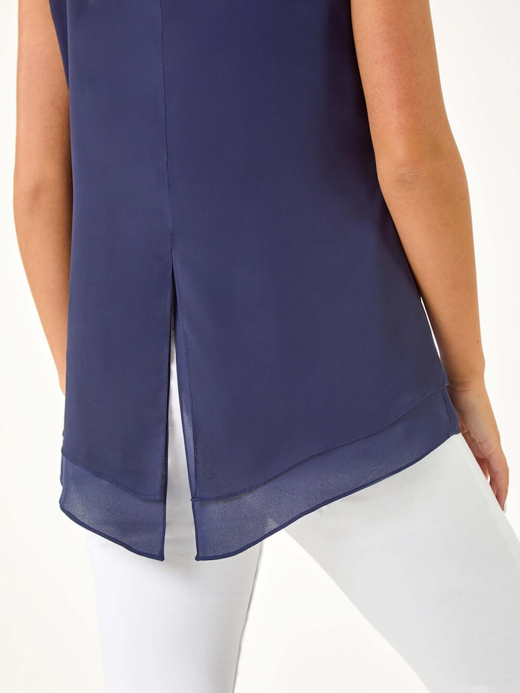 Roman Blue Floral Overlay Sleeveless Top - Image 5 of 5