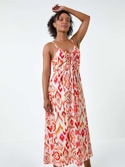 Roman Orange Aztec Style Ruched Front Maxi Dress - Image 1 of 5