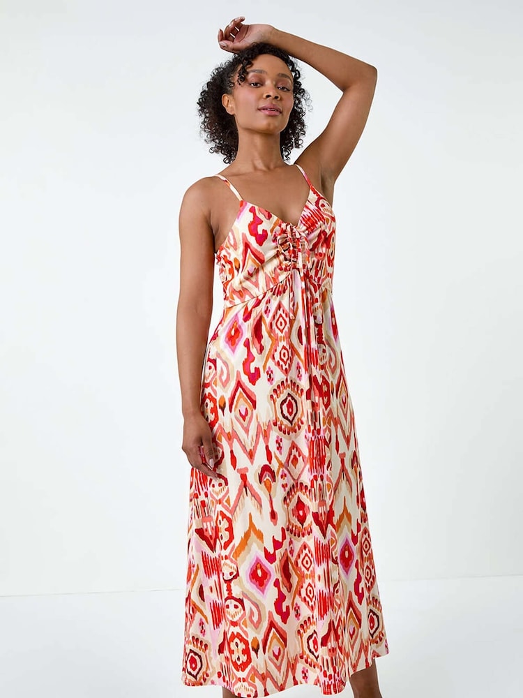 Roman Orange Aztec Style Ruched Front Maxi Dress - Image 1 of 5