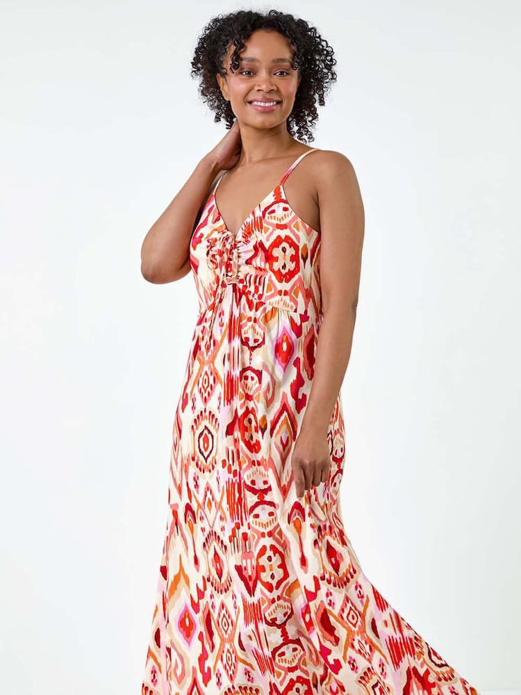 Roman Orange Aztec Style Ruched Front Maxi Dress - Image 2 of 5