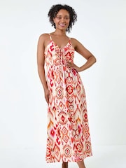 Roman Orange Aztec Style Ruched Front Maxi Dress - Image 4 of 5