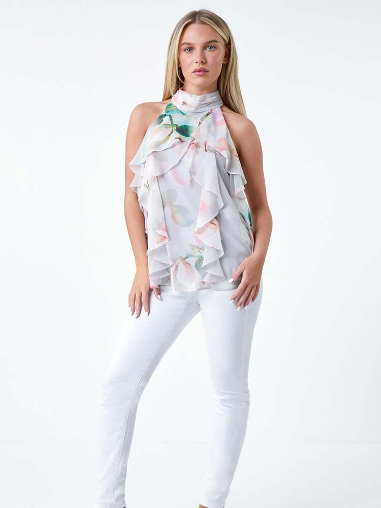 Roman Grey Floral Frill Halter Neck Top - Image 2 of 5