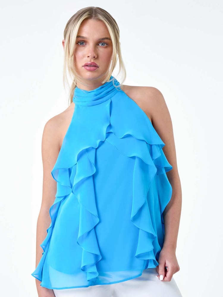 Roman Blue Halter Neck Frill Top - Image 1 of 5