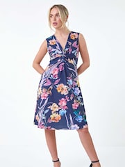 Roman Blue Floral Twist Front Stretch Dress - Image 1 of 5