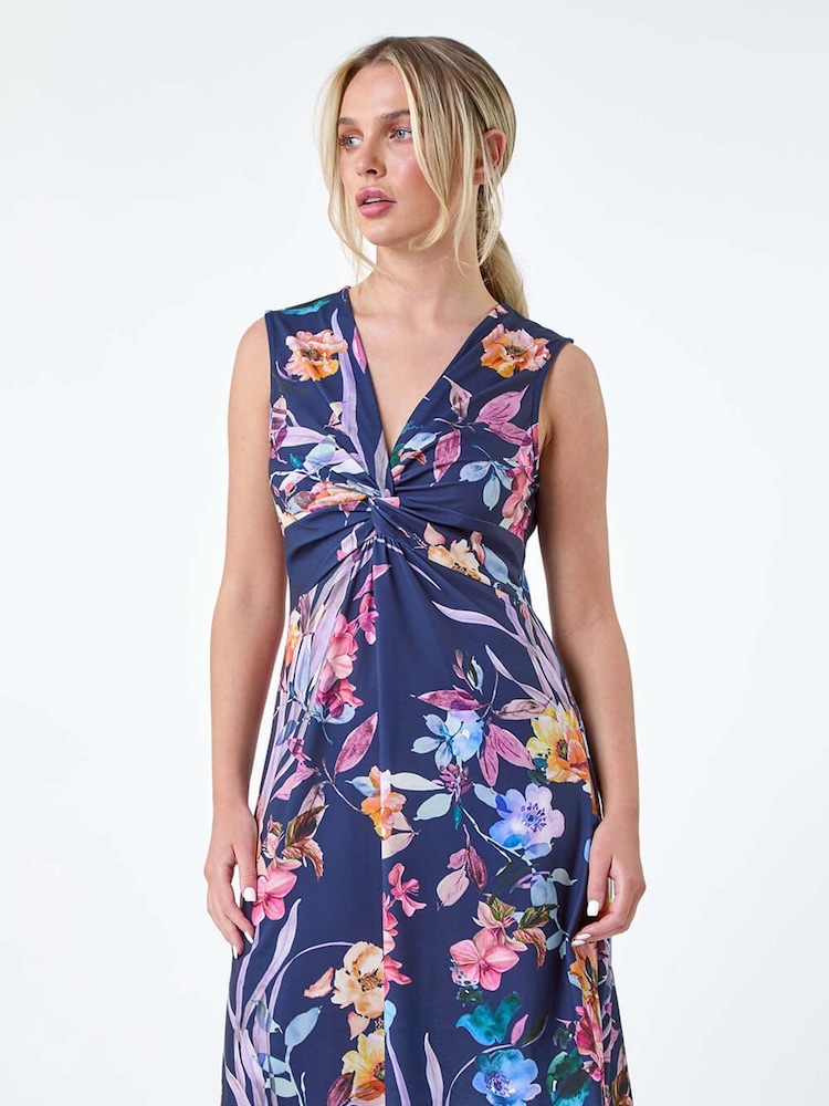 Roman Blue Floral Twist Front Stretch Dress - Image 2 of 5