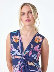 Roman Blue Floral Twist Front Stretch Dress - Image 4 of 5