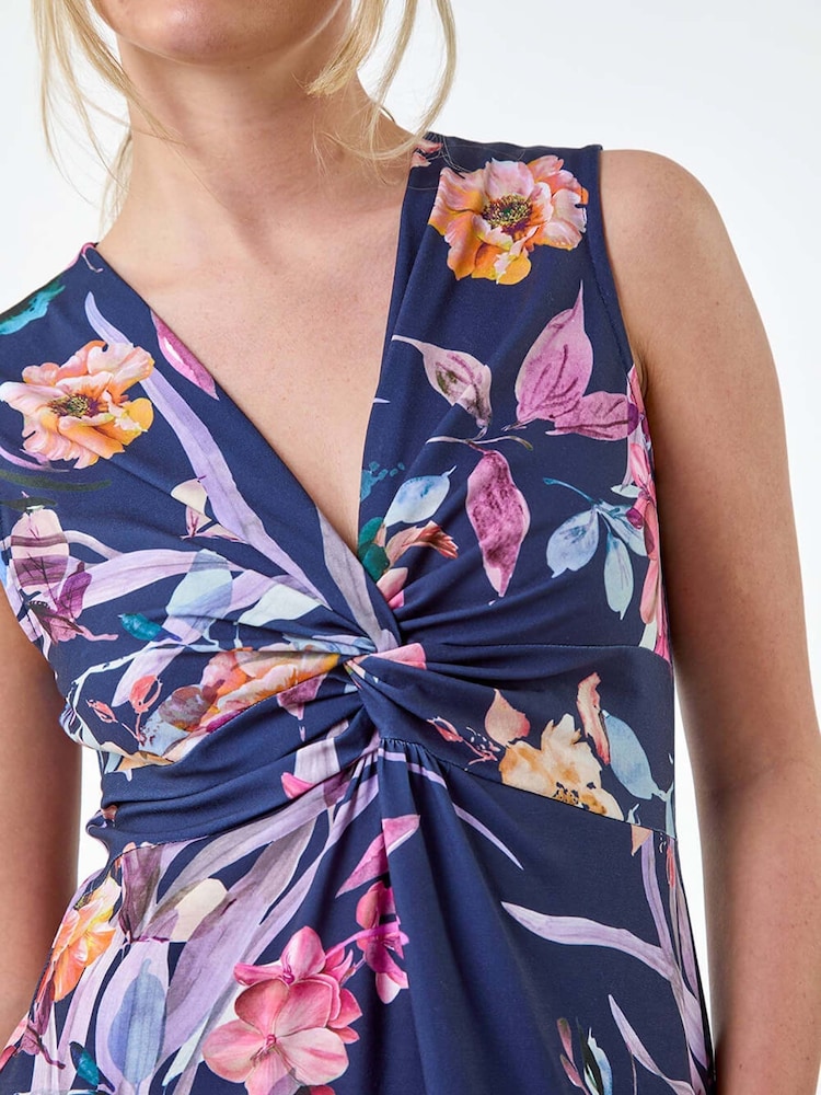 Roman Blue Floral Twist Front Stretch Dress - Image 5 of 5