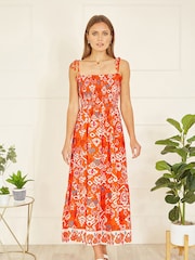 Yumi Orange Ikat Print Midi Sun Dress - Image 1 of 5