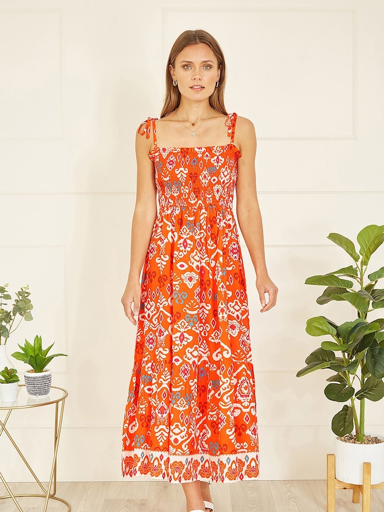 Yumi Orange Ikat Print Midi Sun Dress - Image 1 of 5