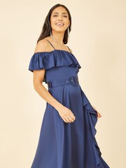 Yumi Blue Bardot Satin Frill Dress With Belt - Image 1 of 4