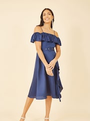 Yumi Blue Bardot Satin Frill Dress With Belt - Image 2 of 4