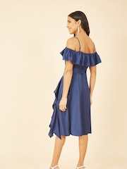 Yumi Blue Bardot Satin Frill Dress With Belt - Image 3 of 4