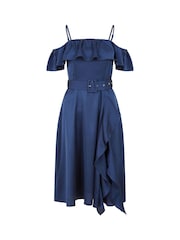 Yumi Blue Bardot Satin Frill Dress With Belt - Image 4 of 4