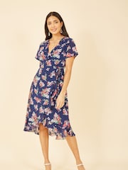 Yumi Blue Floral Frill Wrap Midi Dress - Image 1 of 5