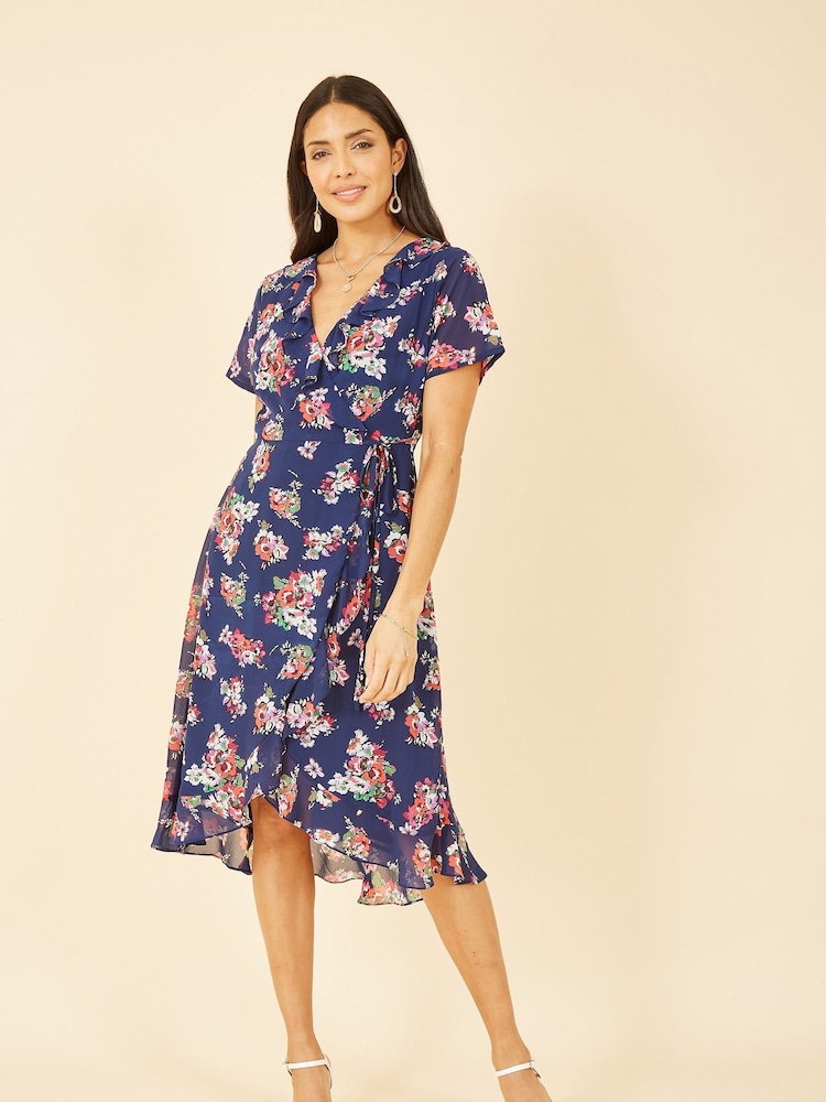 Yumi Blue Floral Frill Wrap Midi Dress - Image 1 of 5 Yumi Blue Floral Frill Wrap Midi Dress - Image 1 of 5