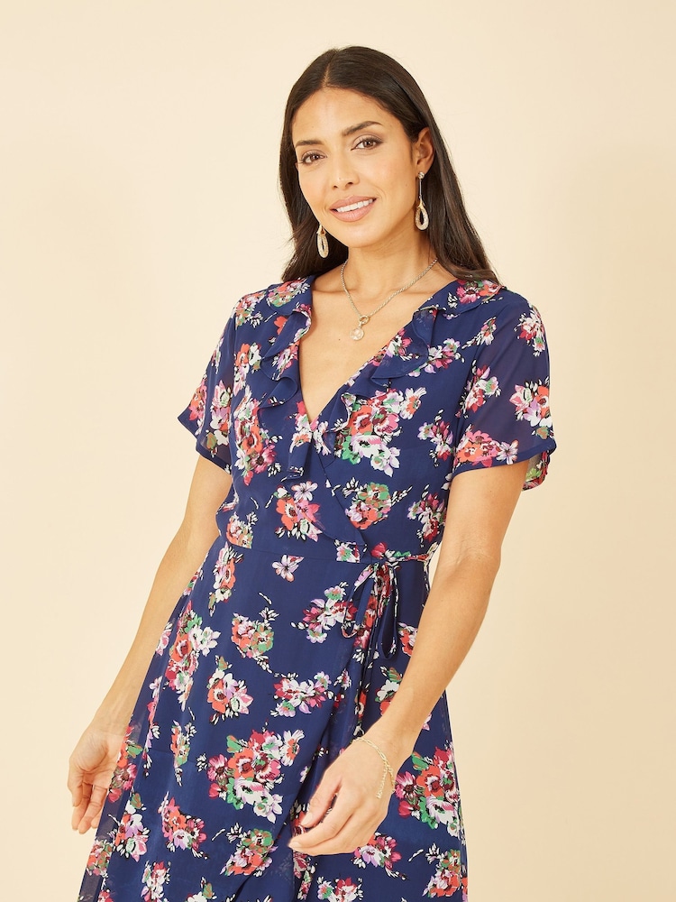 Yumi Blue Floral Frill Wrap Midi Dress - Image 2 of 5 Yumi Blue Floral Frill Wrap Midi Dress - Image 2 of 5