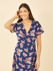 Yumi Blue Floral Frill Wrap Midi Dress - Image 3 of 5