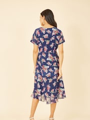 Yumi Blue Floral Frill Wrap Midi Dress - Image 4 of 5