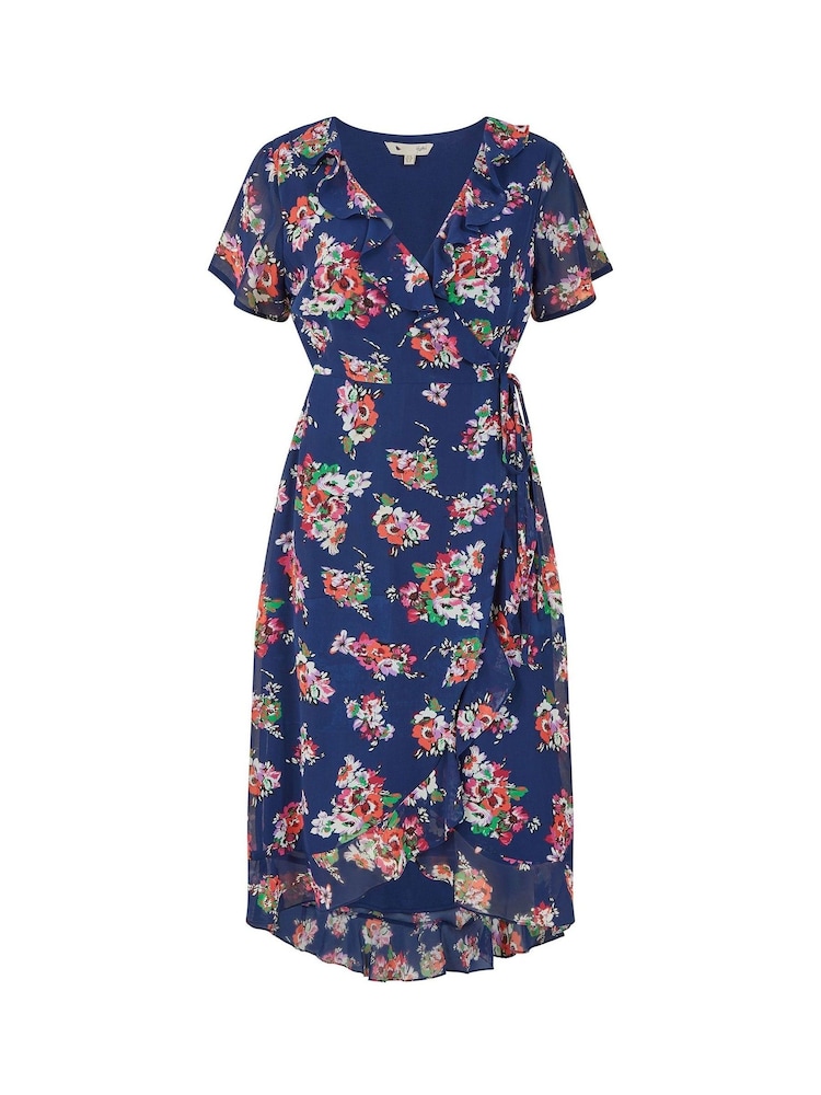 Yumi Blue Floral Frill Wrap Midi Dress - Image 5 of 5