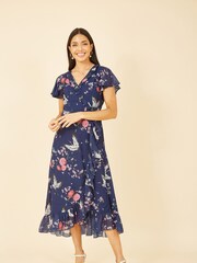 Dark Blue - Yumi Satin Crane Print Wrap Dress - Image 1 of 4