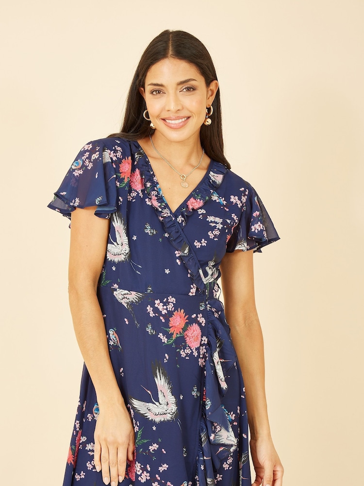 Dark Blue - Yumi Satin Crane Print Wrap Dress - Image 2 of 4