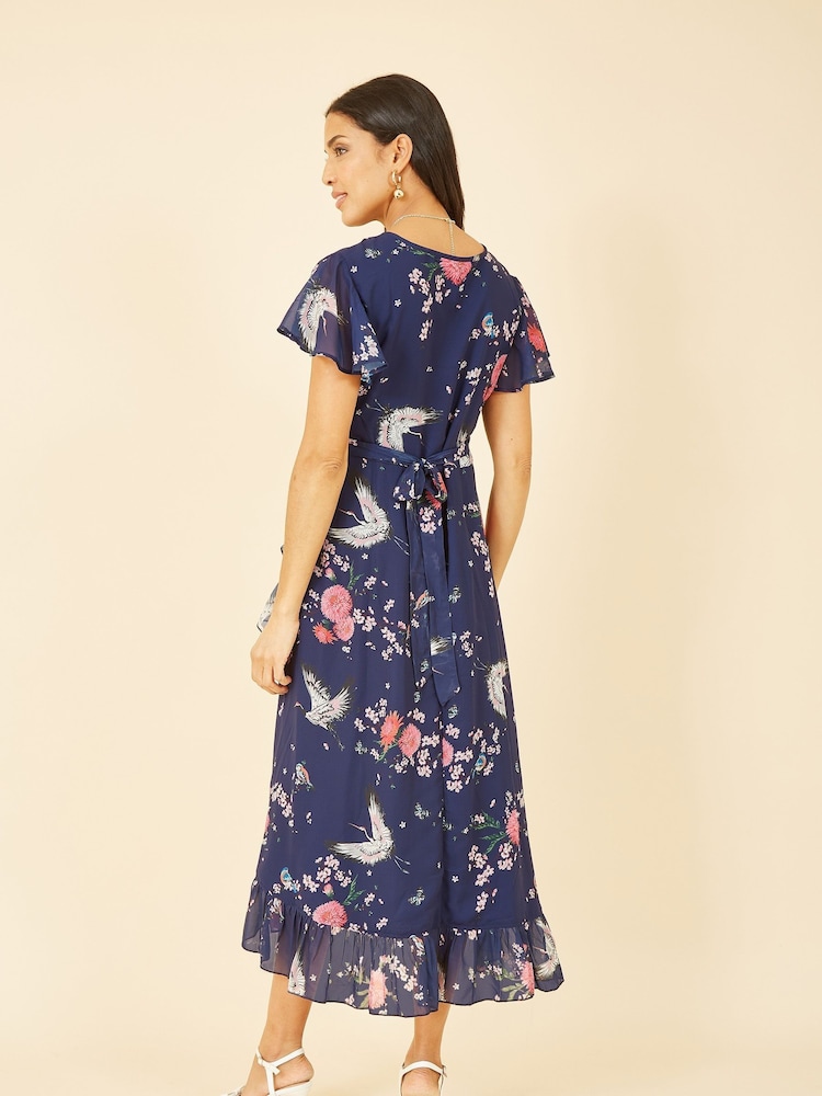 Dark Blue - Yumi Satin Crane Print Wrap Dress - Image 3 of 4