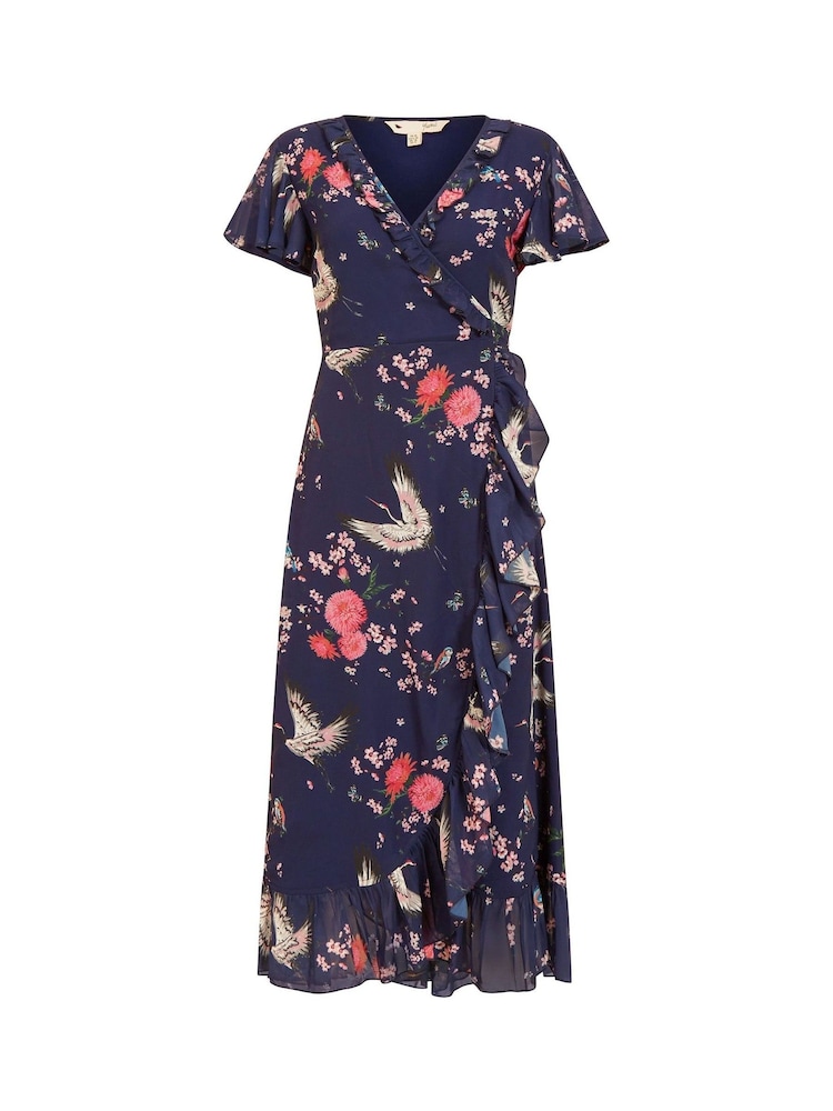 Dunkelblau - Yumi Bedrucktes Wickelkleid aus Satin mit Kranich-Print - Bild 4 von 4 Dunkelblau - Yumi Bedrucktes Wickelkleid aus Satin mit Kranich-Print - Bild 4 von 4