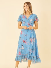 Blau - Yumi Bedrucktes Wickelkleid aus Satin mit Kranich-Print - Bild 1 von 5