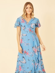 Blau - Yumi Bedrucktes Wickelkleid aus Satin mit Kranich-Print - Bild 2 von 5